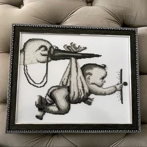 Framed Bead Embroidery Art “Stork Delivering Baby”